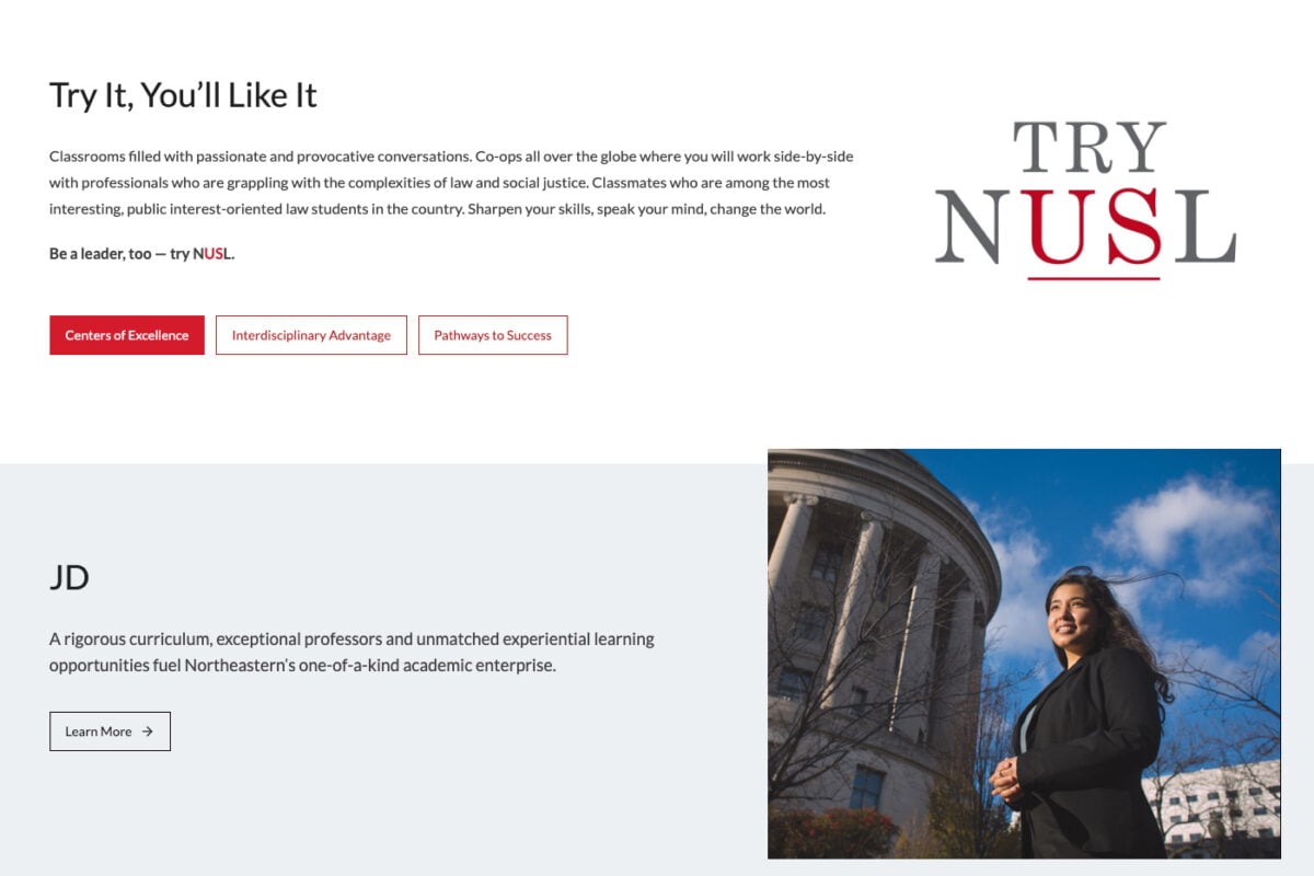 Screenshot of a university webpage featuring the text Try It, Youll Like It and TRY NUSL, with buttons labeled Centers of Excellence, Interdisciplinary Advantage, and Pathways to Success. Below is a photo of a smiling woman outside a university building.