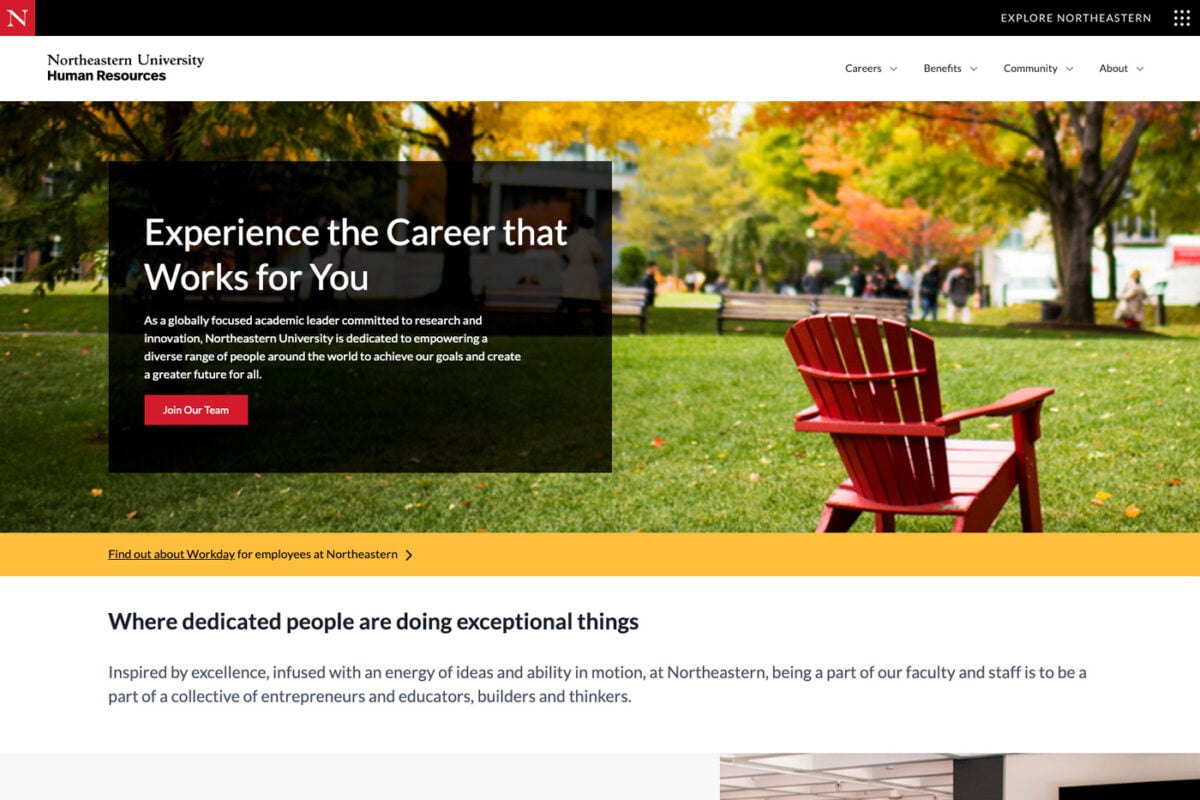 A Northeastern University Human Resources webpage features a red Adirondack chair on a green lawn with autumn trees in the background and a banner reading Experience the Career that Works for You.