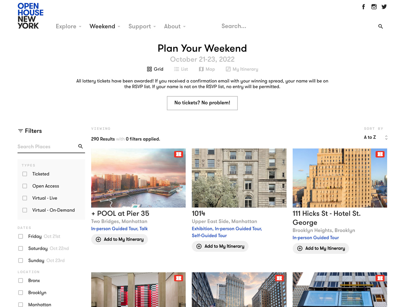 OHNY Plan Your Weekend grid view with filters sidebar and Add to My Itinerary buttons