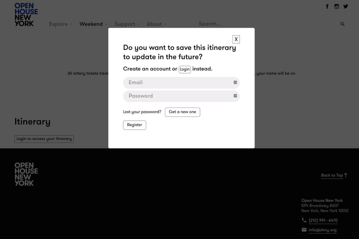 OHNY registration modal asking whether to save the itinerary, with email and password fields and a Register button