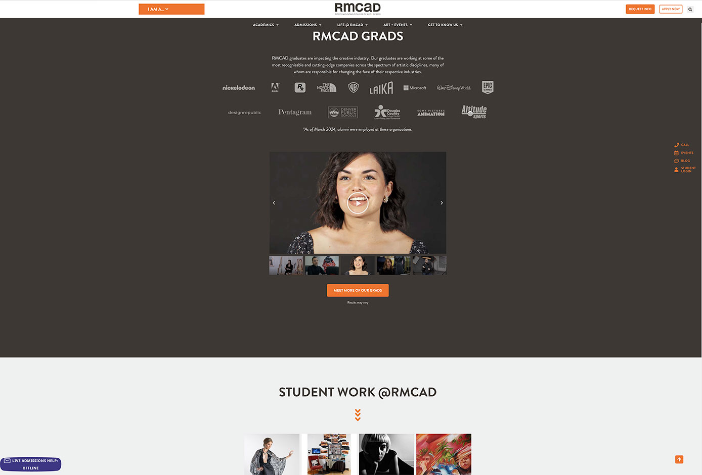 Screenshot of Rocky Mountain College of Art website