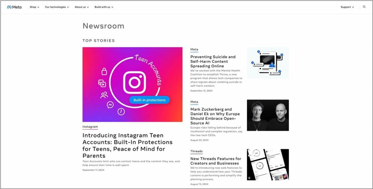 Screenshot of Meta Newsroom's Home Page