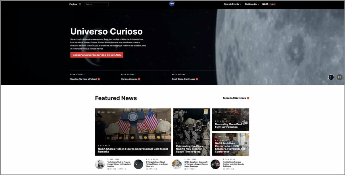 Screenshot of Nasa's Home Page