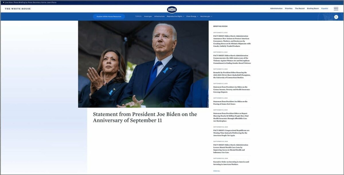 Screenshot of White House's Home Page