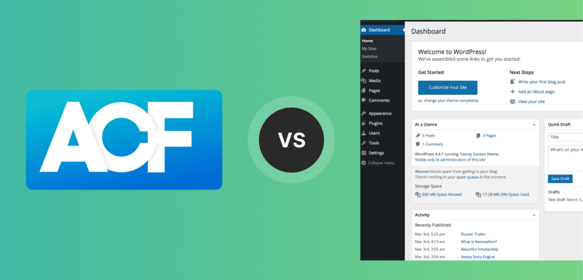 A versus screen with the ACF logo in one side and a screenshot of the wodpress dashboard in the other.