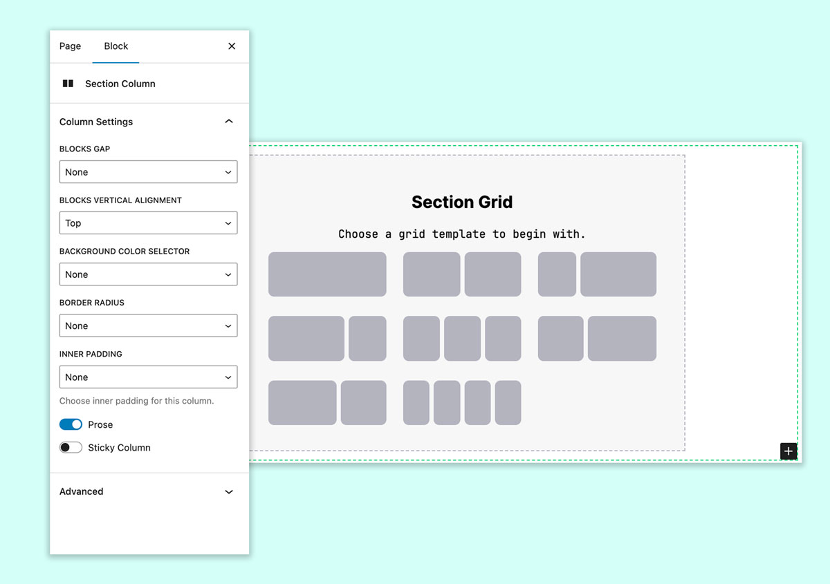 Content editor interface showing column settings and a section grid with multiple layout options.