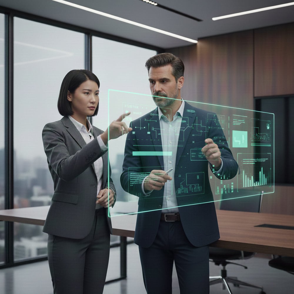 Business professionals collaborating with a transparent digital interface in a modern enterprise workspace, symbolizing scalable content management and governance.