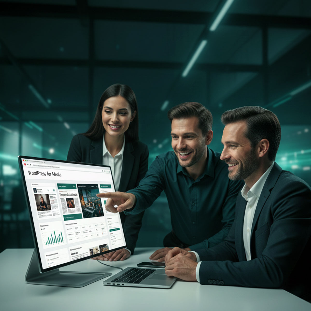 Newsroom editors publishing breaking stories on a high-traffic media website