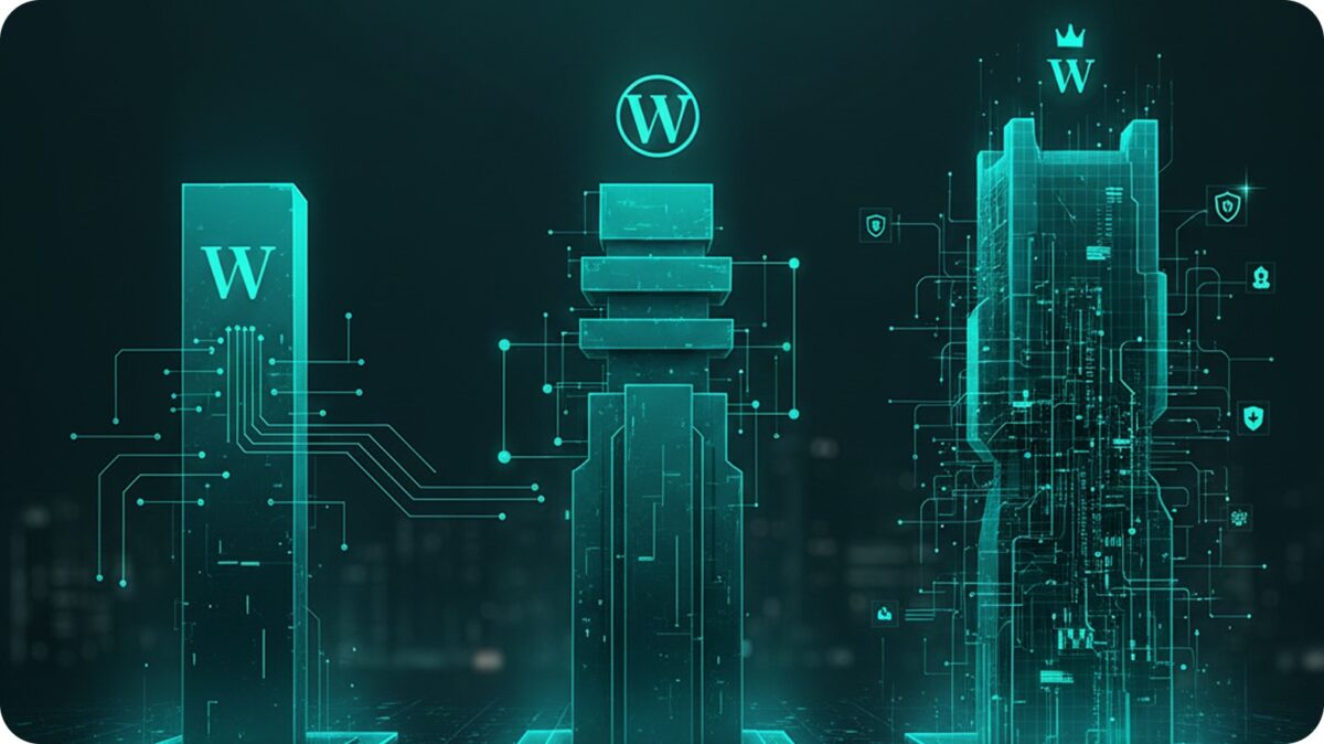 Futuristic image of a skyscrapers with Wordpress logos