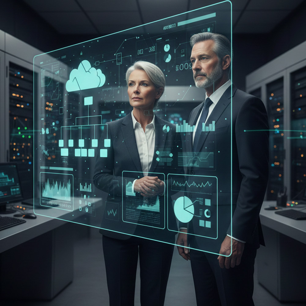 Decorative Image: Two people seeing futuristic floating overlays