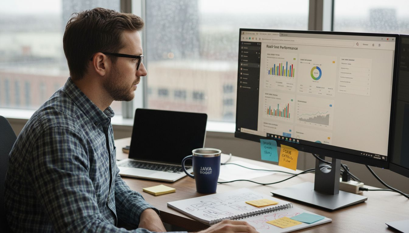 Profesional de IT monitoreando un dashboard de rendimiento de sitio web