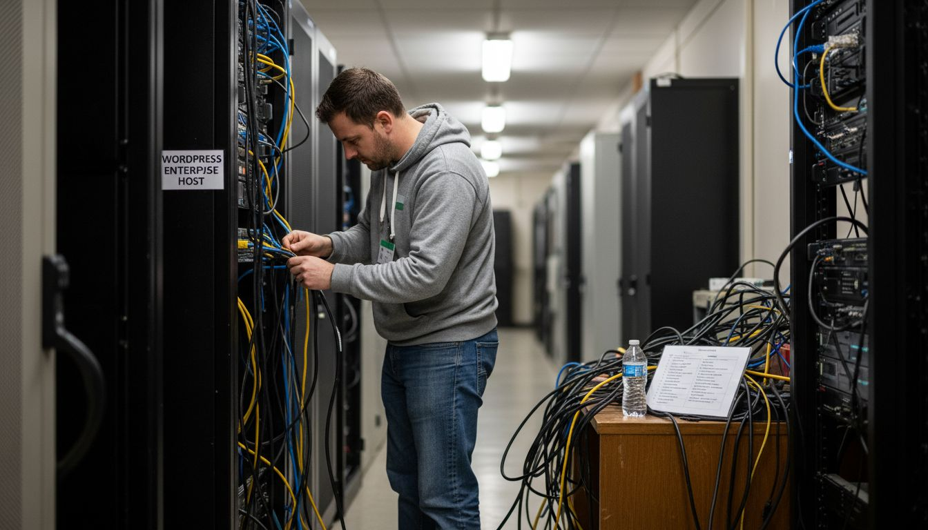 Ingeniero inspecciona el hosting enterprise de WordPress
