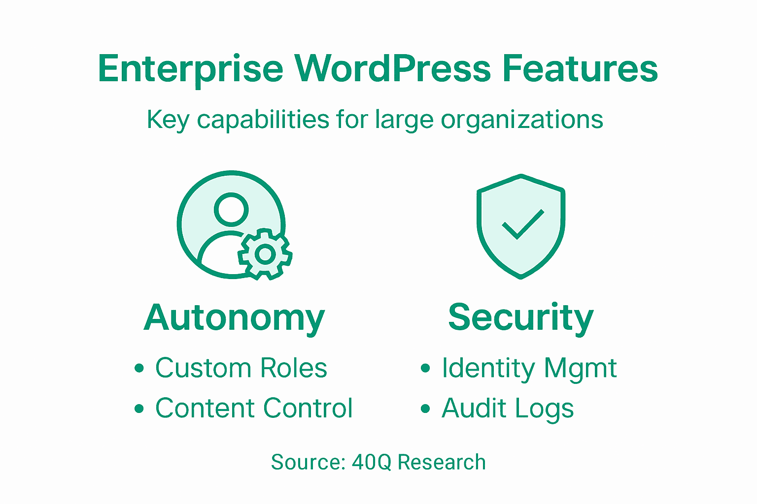 Infografía de las funcionalidades centrales de un WordPress enterprise