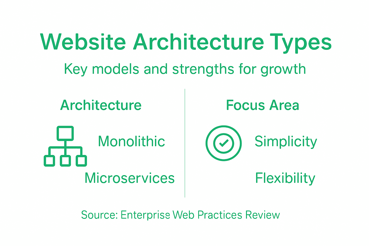 Infografía que muestra arquitecturas de sitios web y sus fortalezas