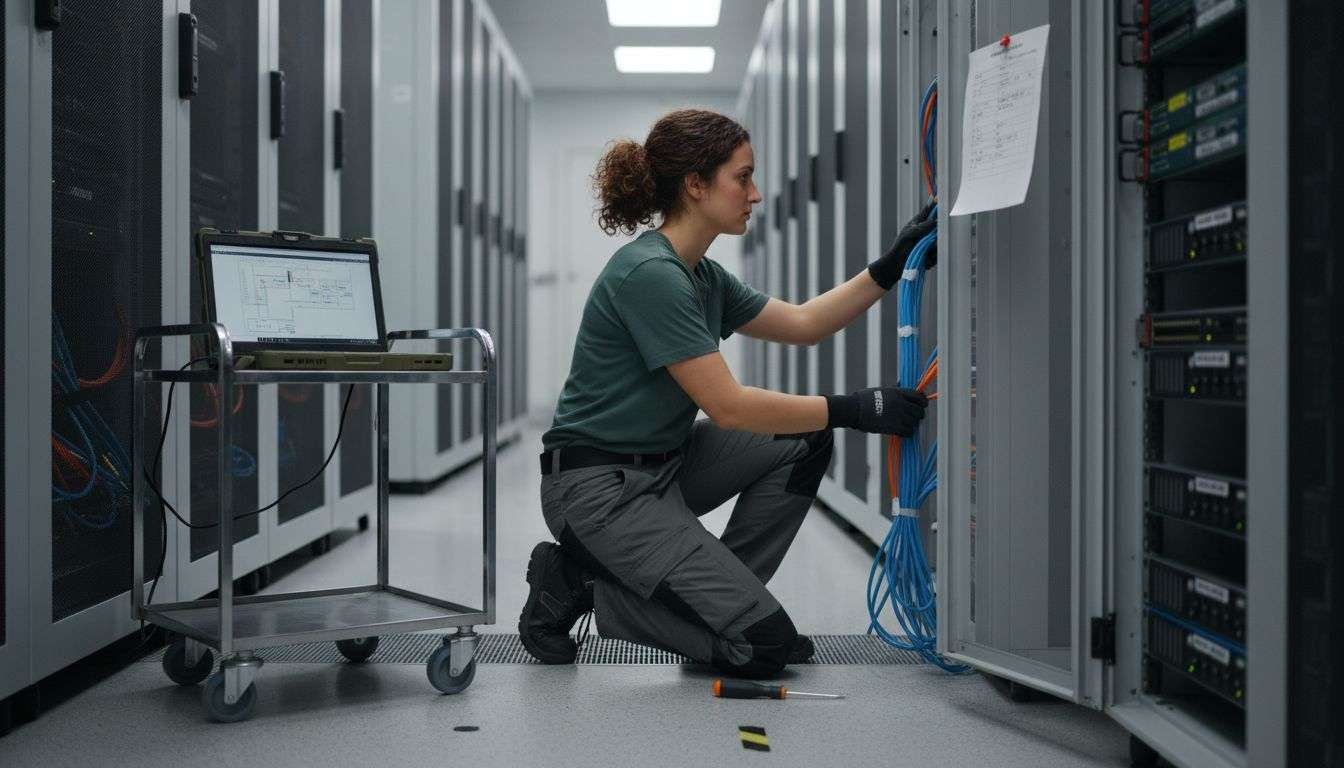 Ingeniero revisa cables en una sala de servidores concurrida