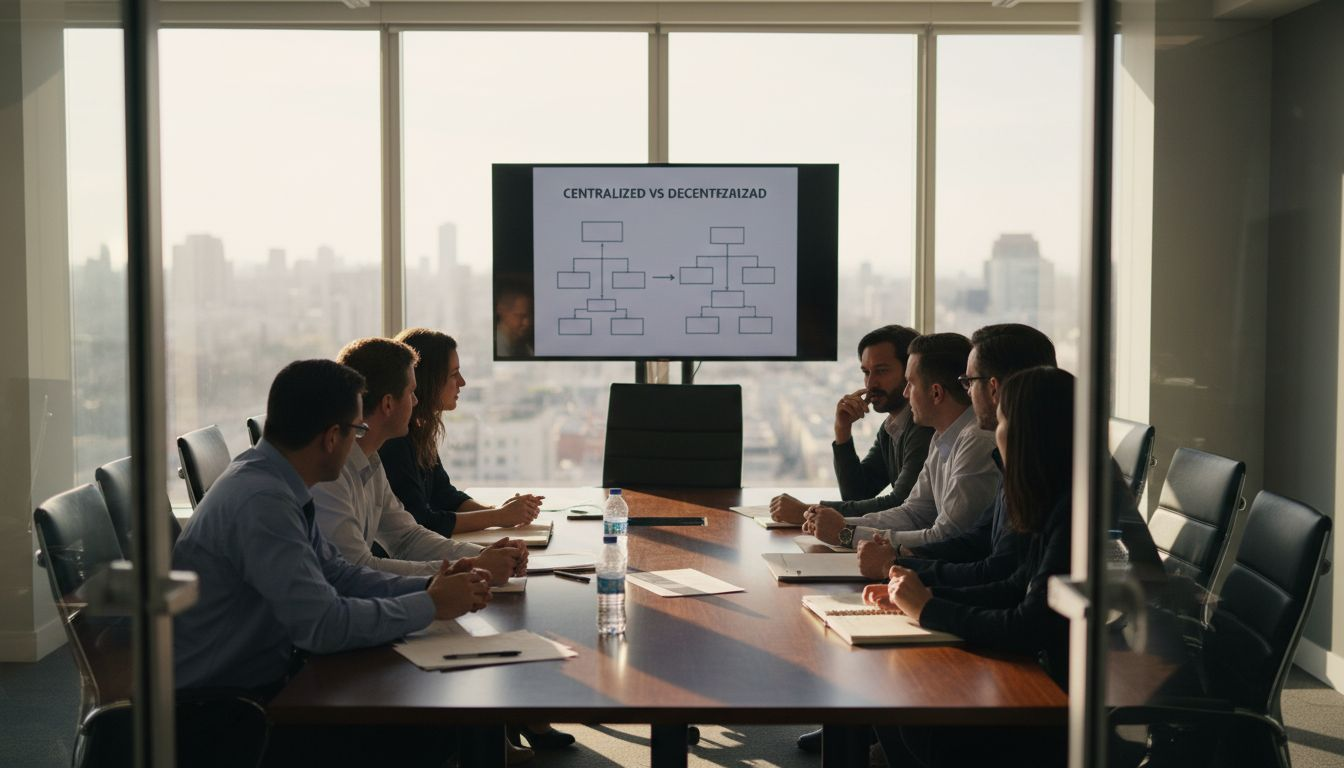 Equipo revisando diagramas de modelos de gobernanza