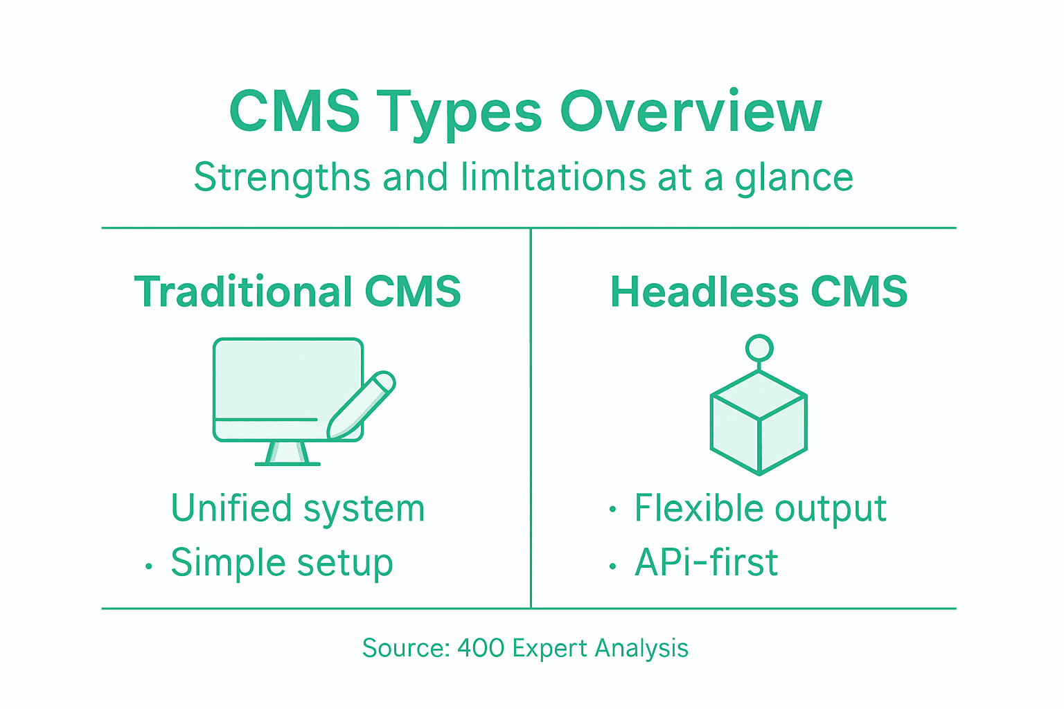 Infografía que compara los tipos de CMS y sus fortalezas