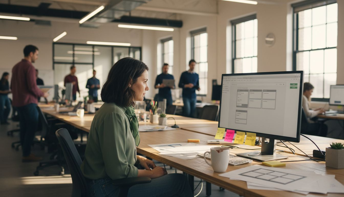 Gerente armando una landing page con bloques modulares