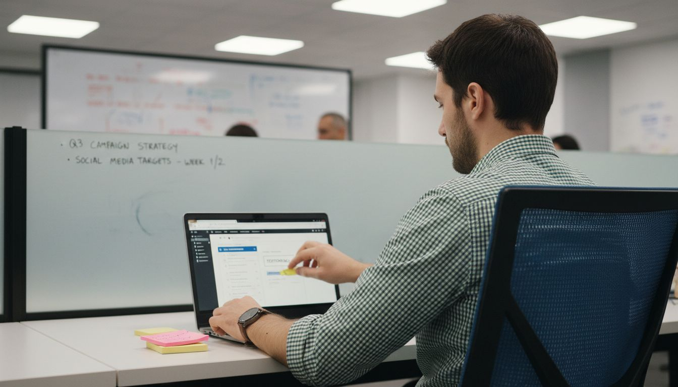 Persona de marketing editando un sitio web en un espacio de trabajo compartido