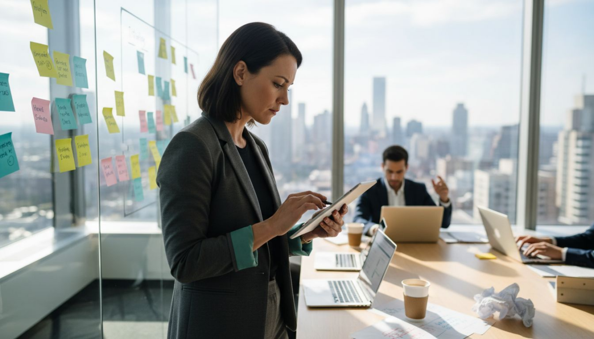Marketing manager updating workflow in conference room