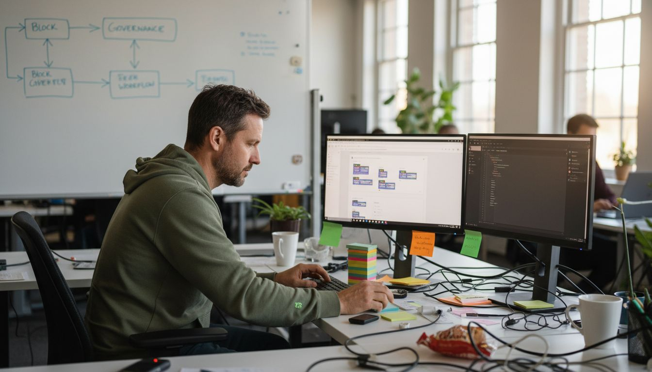 Desarrollador web ensamblando bloques modulares de WordPress