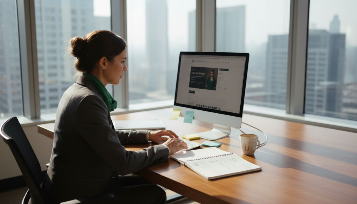 Manager reviewing WordPress landing page draft