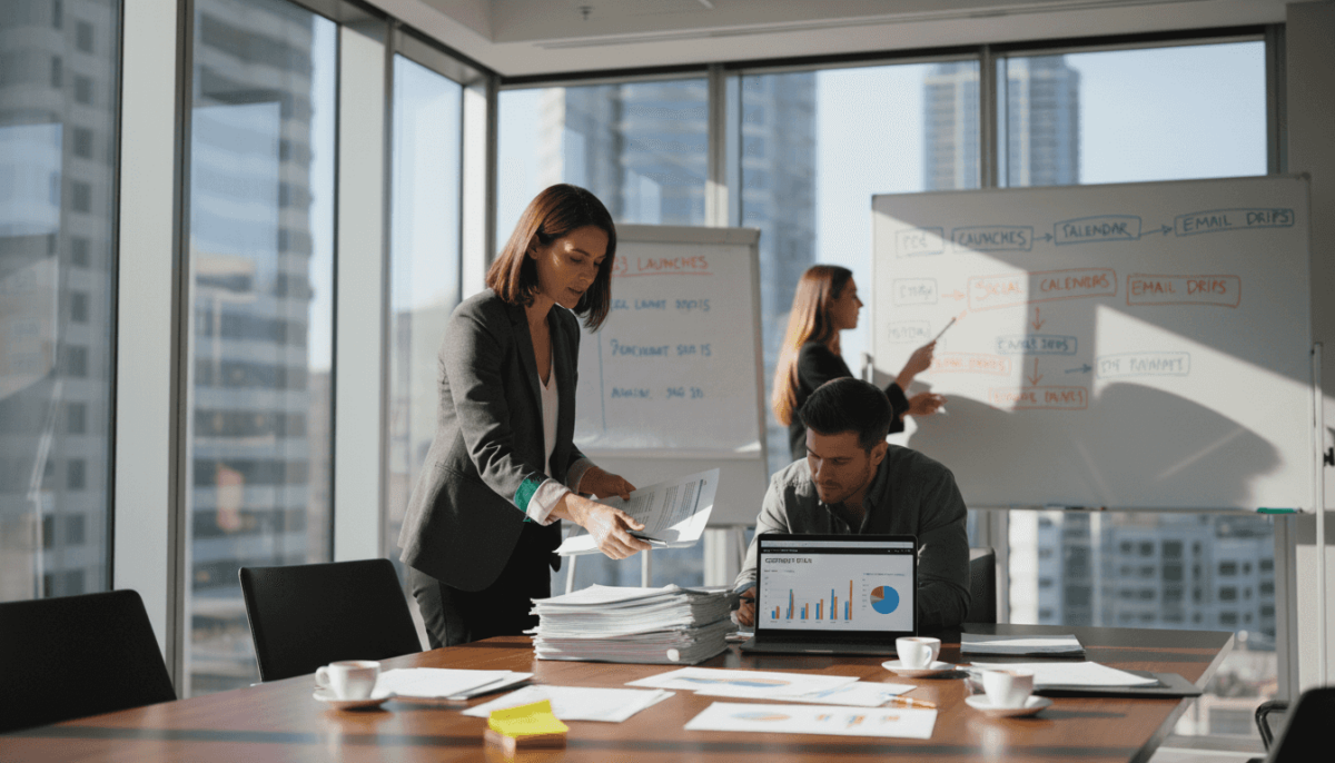 Marketing team reviewing campaign stats together