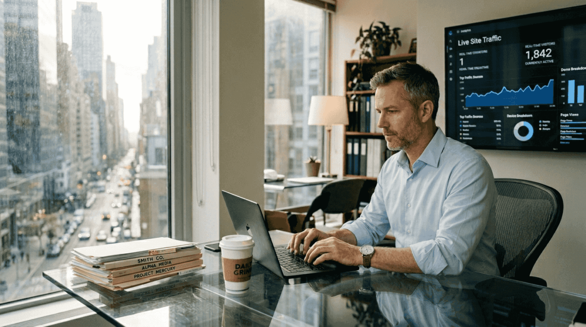 Executive monitoring live website traffic analytics