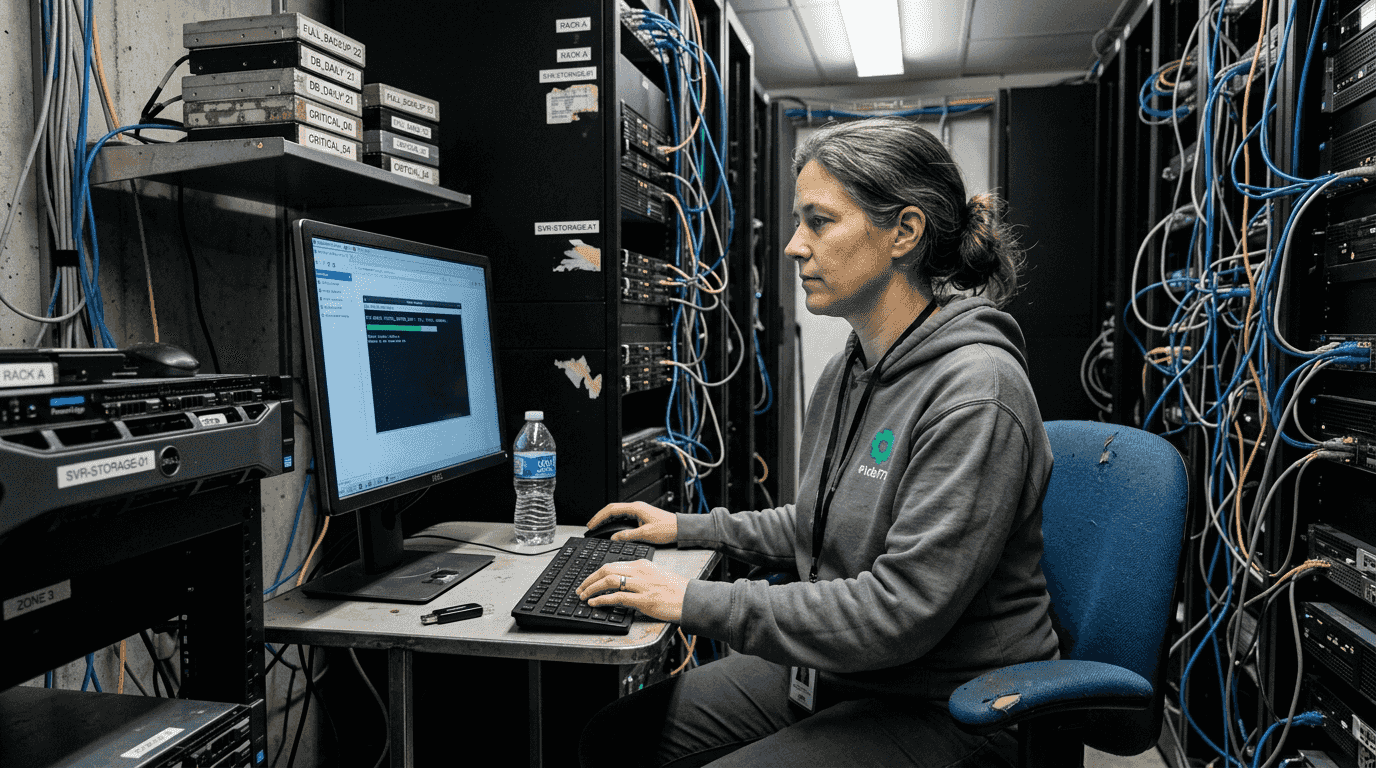 Sysadmin realizando un backup del sitio en la sala de servidores