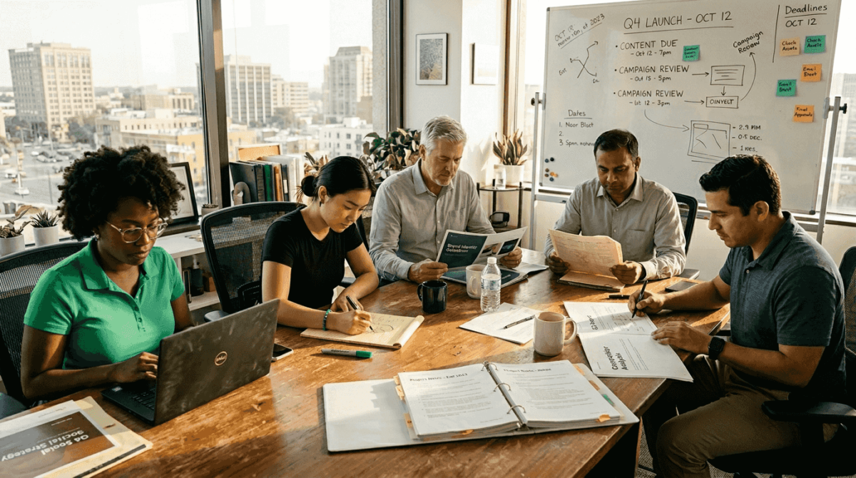 Marketing team collaborating in corner office