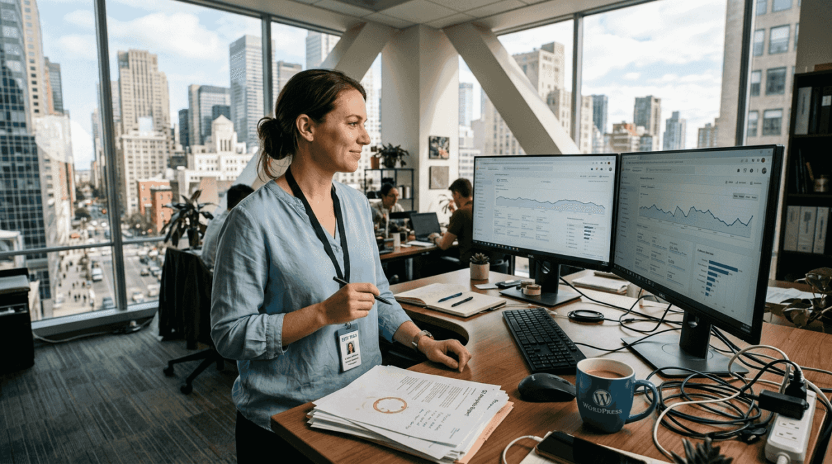 IT manager checks WordPress analytics in office