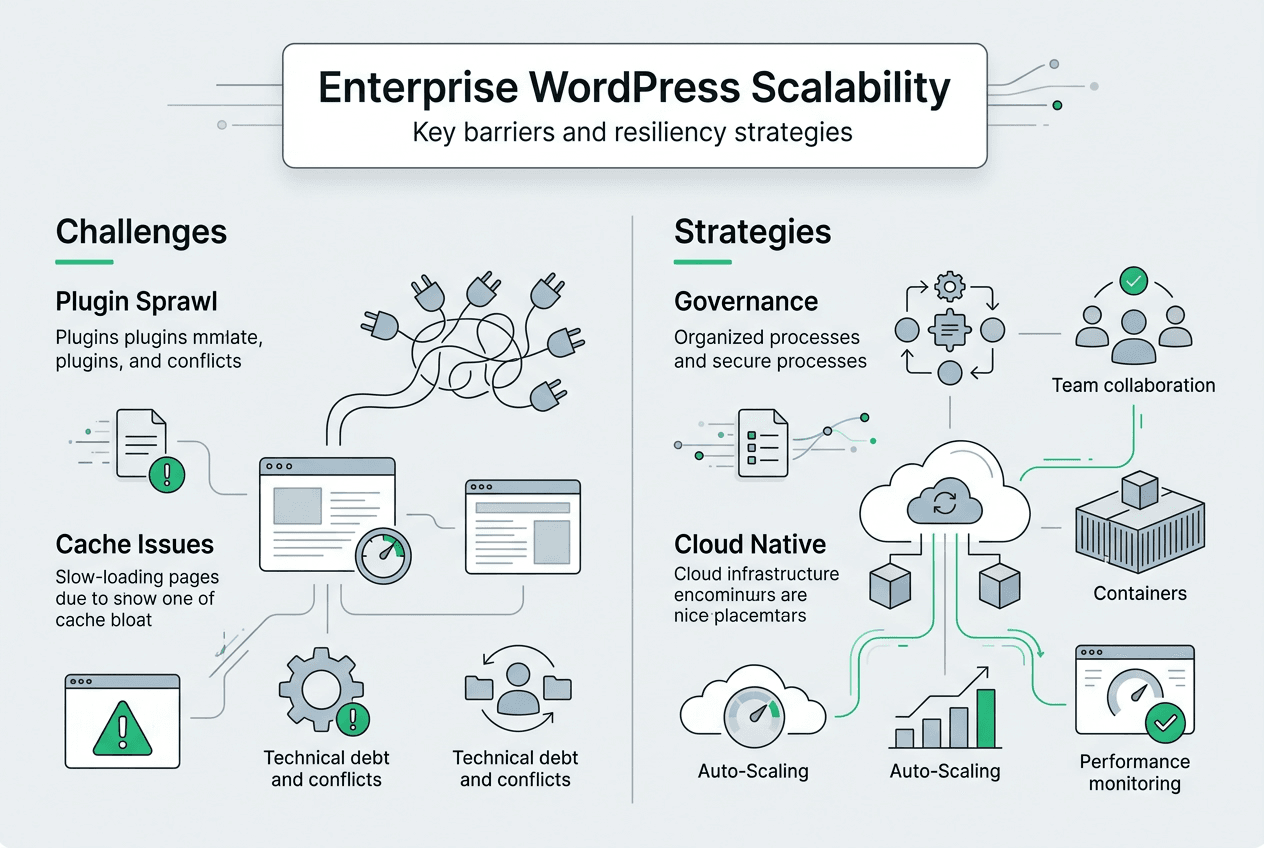 Infografía de desafíos y soluciones de escalabilidad en WordPress