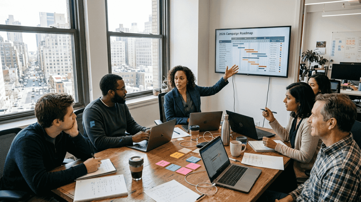 Marketing team meeting in bright corner office