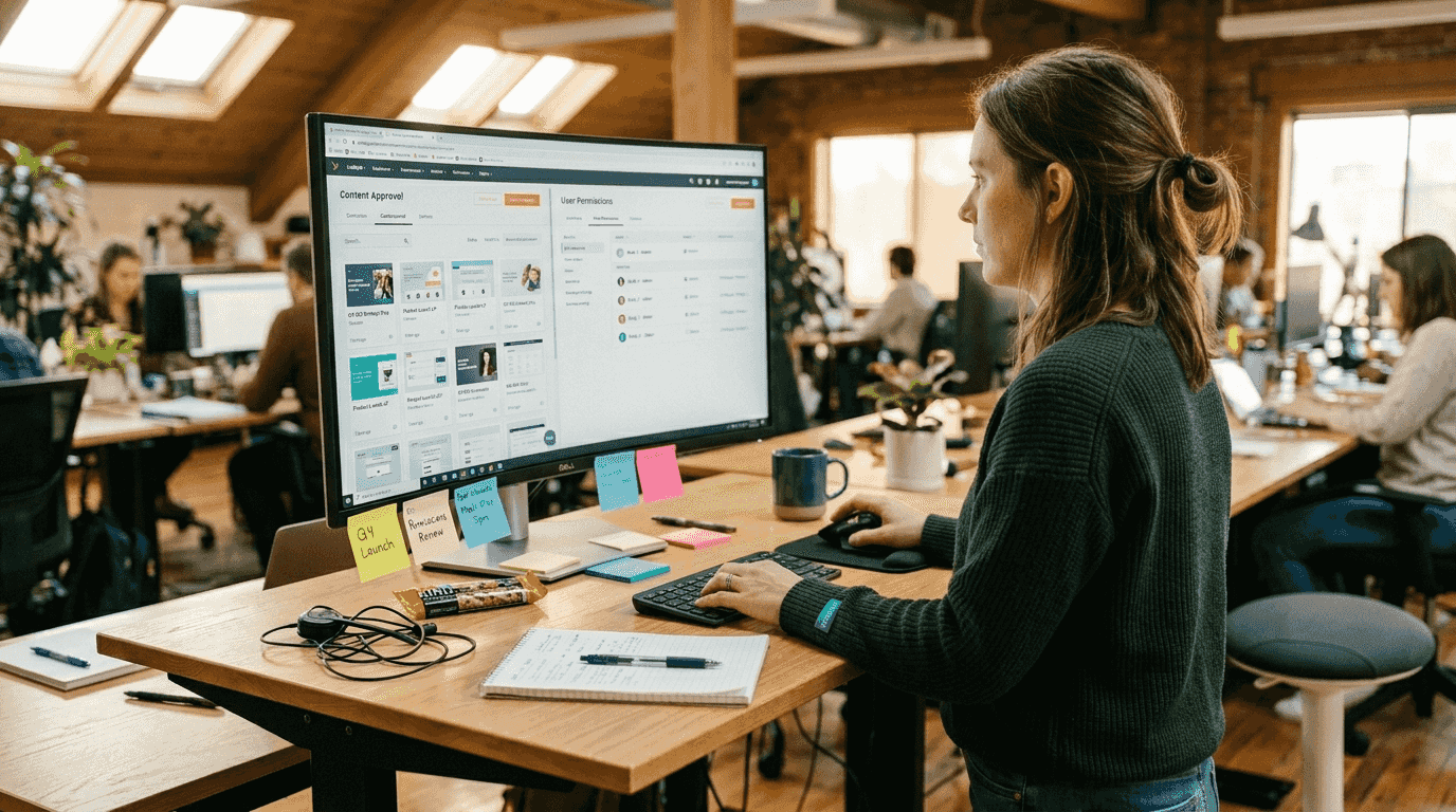 Gerente configurando el dashboard del CMS en su escritorio