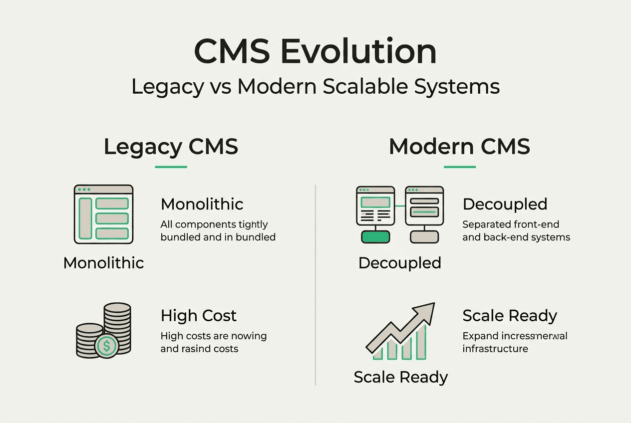 Infografía que compara las funciones de un CMS legacy y uno moderno
