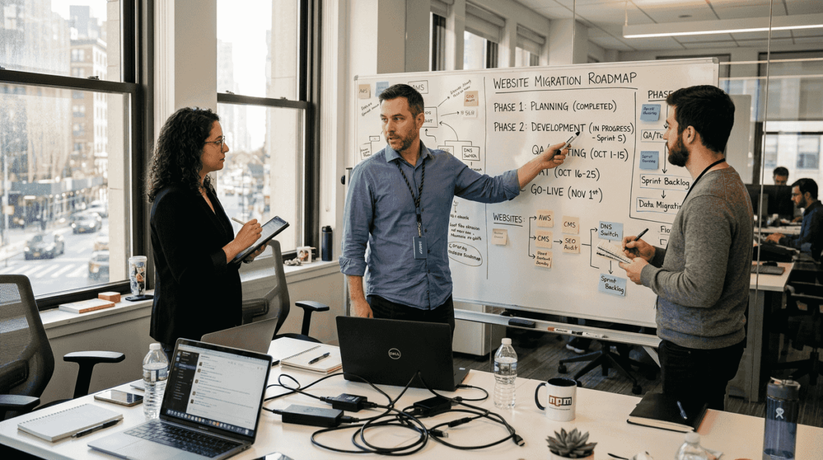 Team reviews CMS migration plan in office