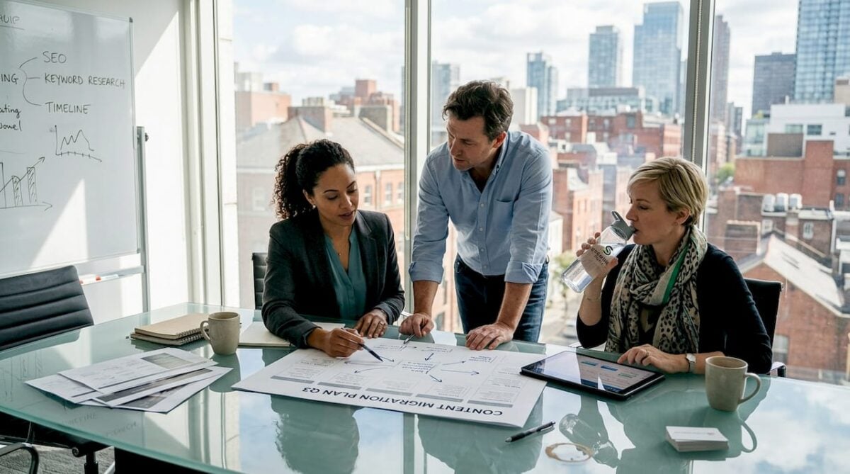 Team reviews CMS plan in bright corner office
