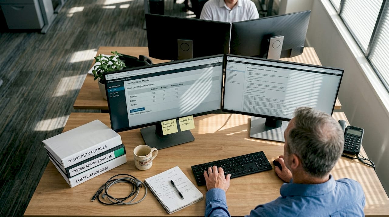 Gerente de IT ajusta el CMS en una oficina de planta abierta