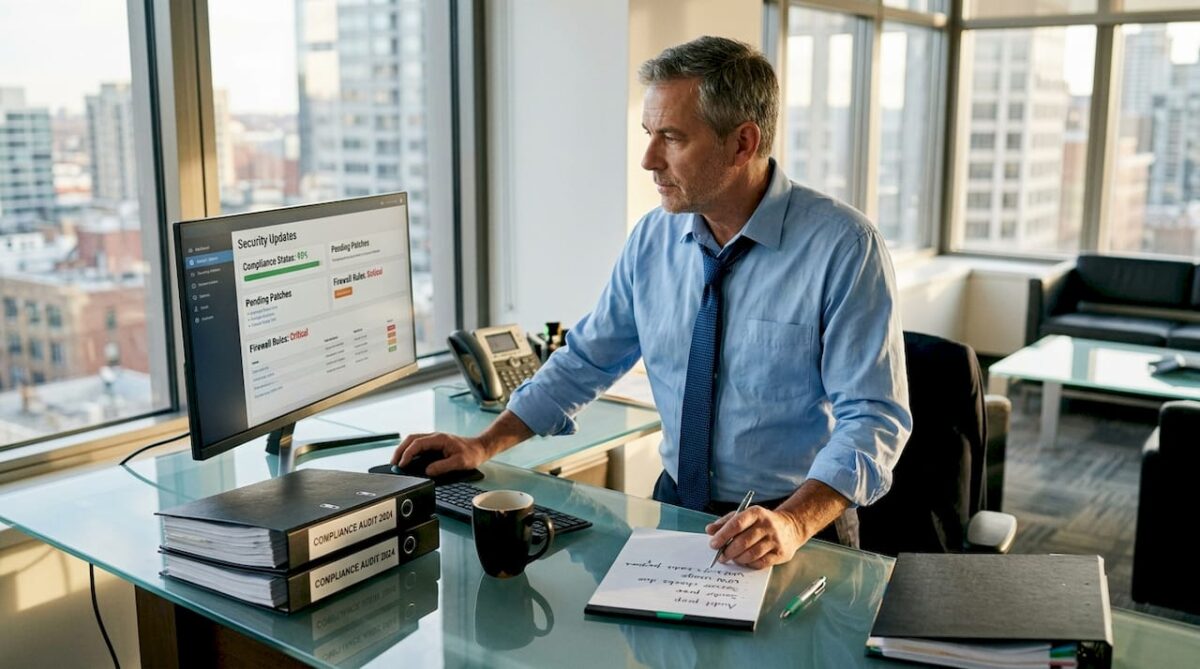 IT manager reviews compliance dashboard in office