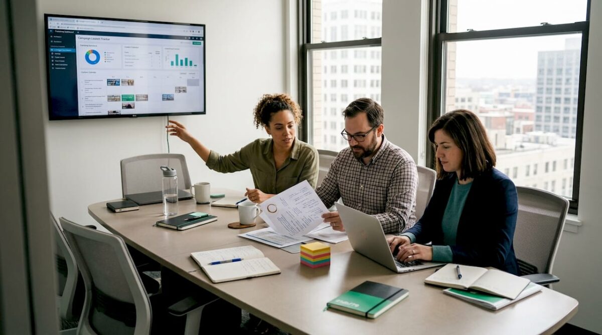 Marketing team collaborating on publishing workflow