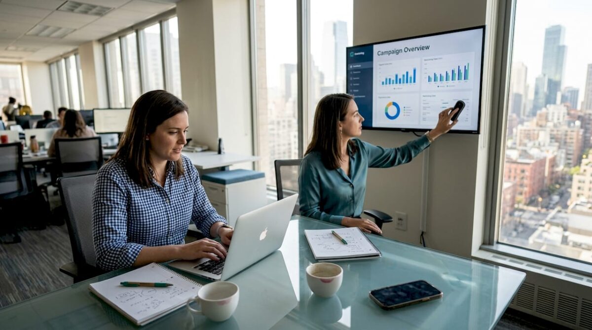 Marketing team reviewing campaign workflow together