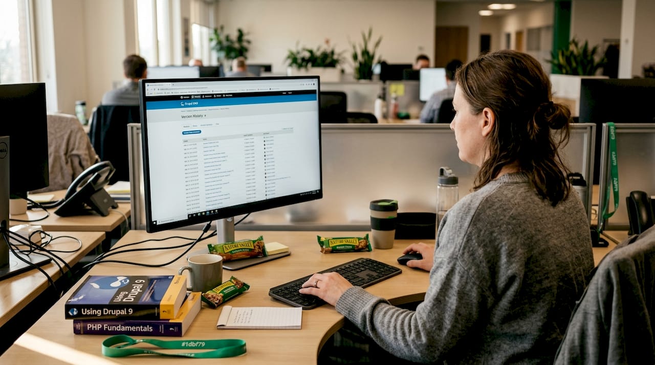 Un IT manager revisa el historial de versiones de compliance del CMS