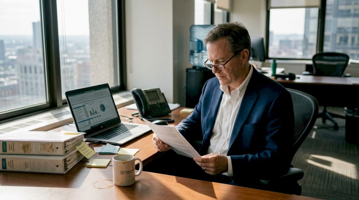 Compliance officer reviews digital compliance paperwork