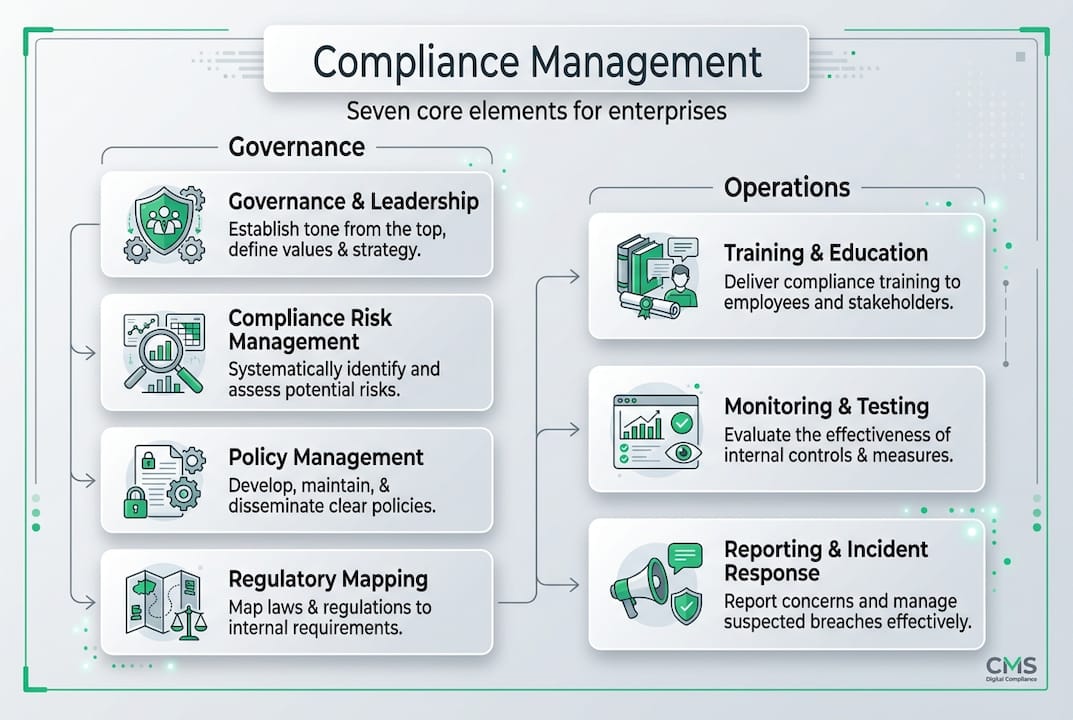 Infografía de los elementos centrales de la gestión de compliance