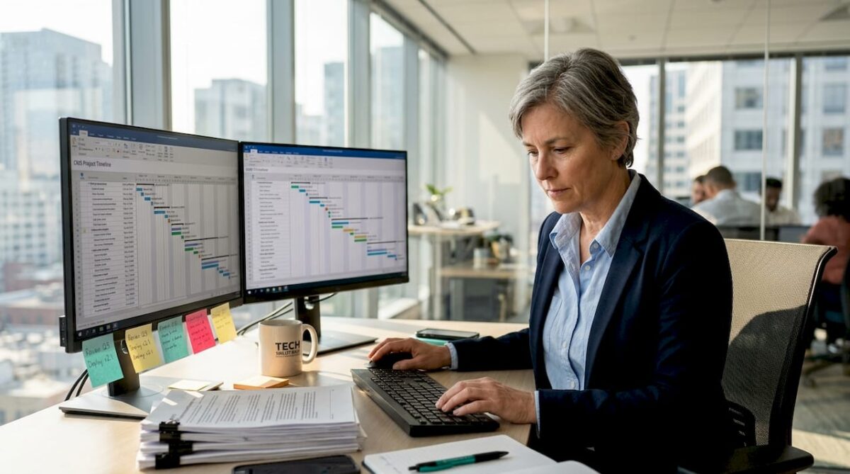 IT manager reviewing CMS delivery timelines