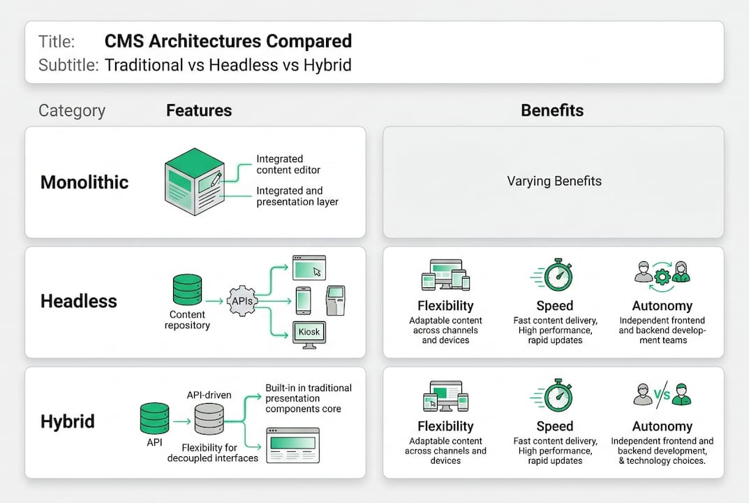 Infografía que compara arquitecturas de CMS