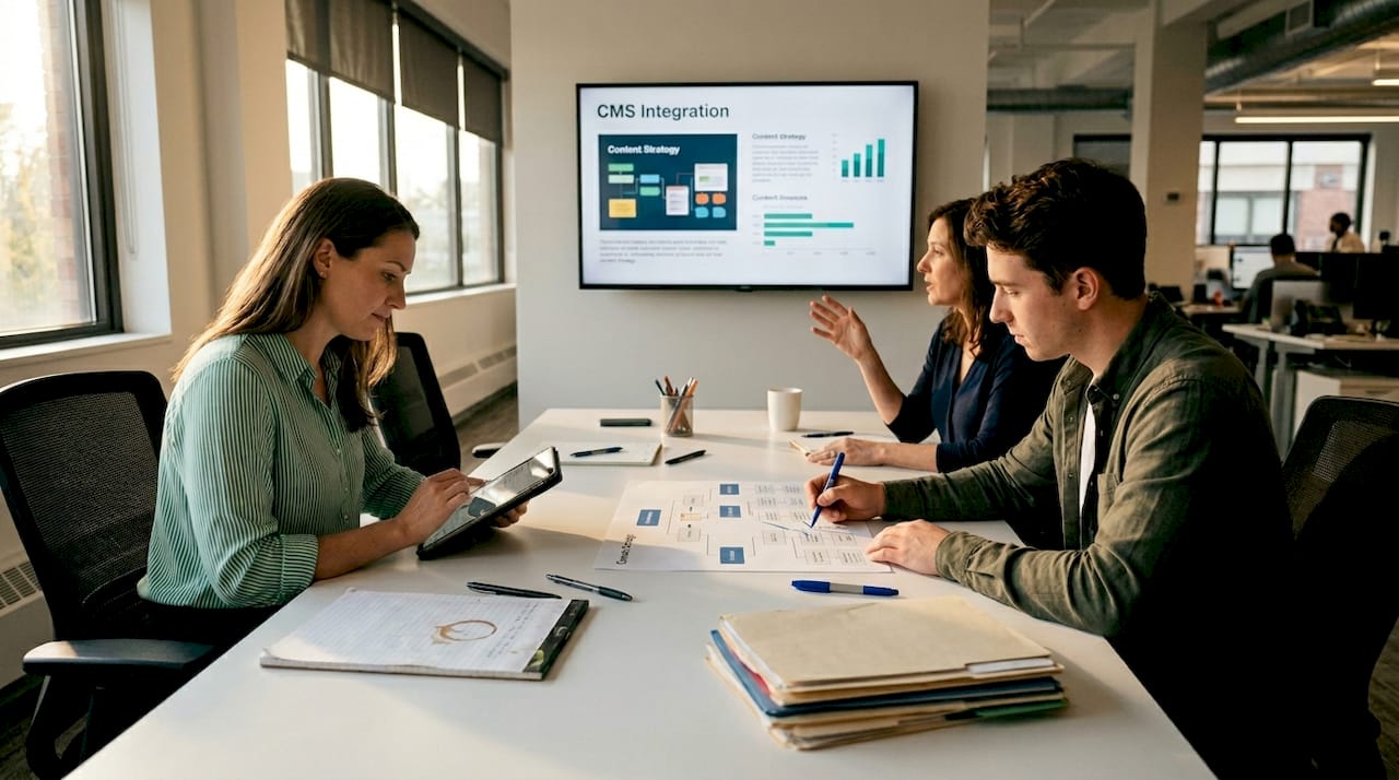 Equipo colaborando en un proyecto de integración de CMS