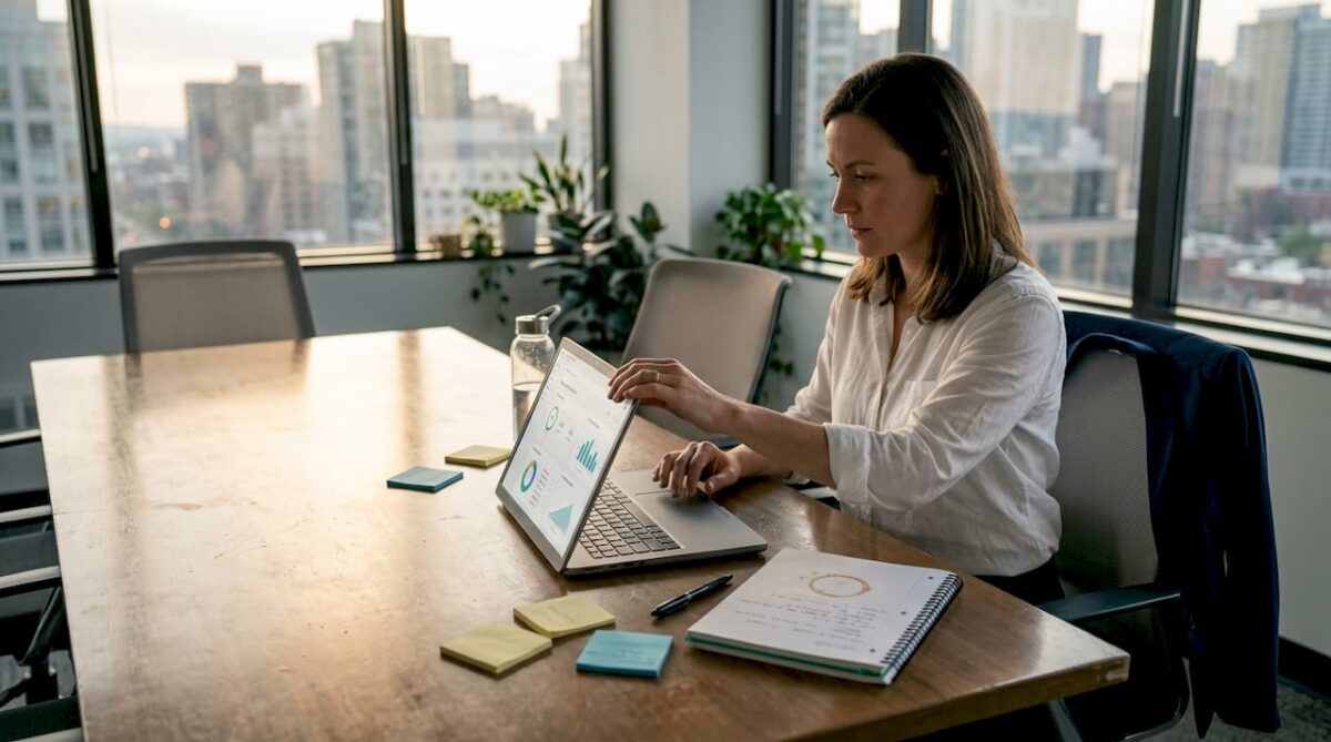 Project manager reviews website deployment dashboard