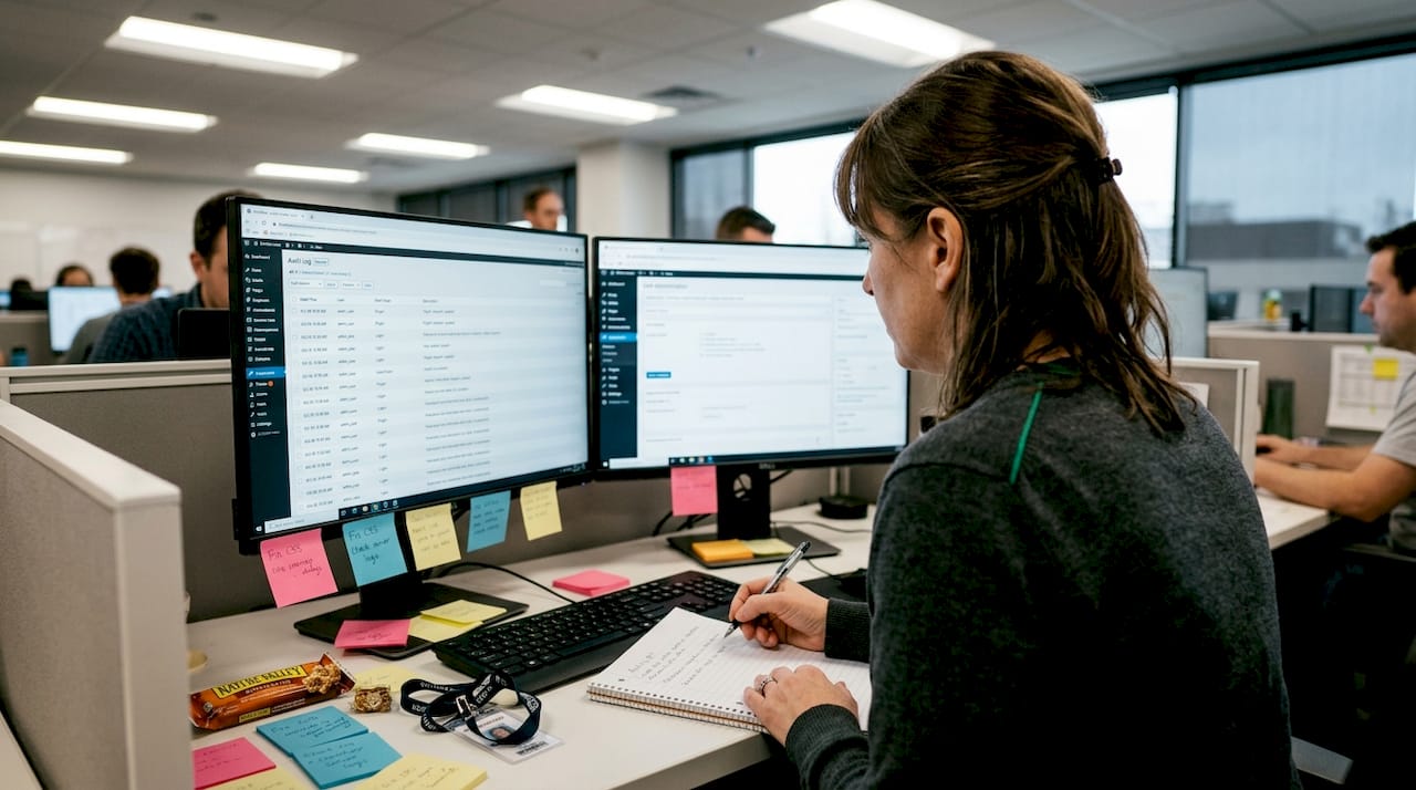 Un administrador revisa los registros de auditoría de WordPress en la oficina