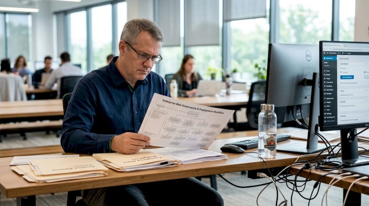 IT manager reviews WordPress governance diagram